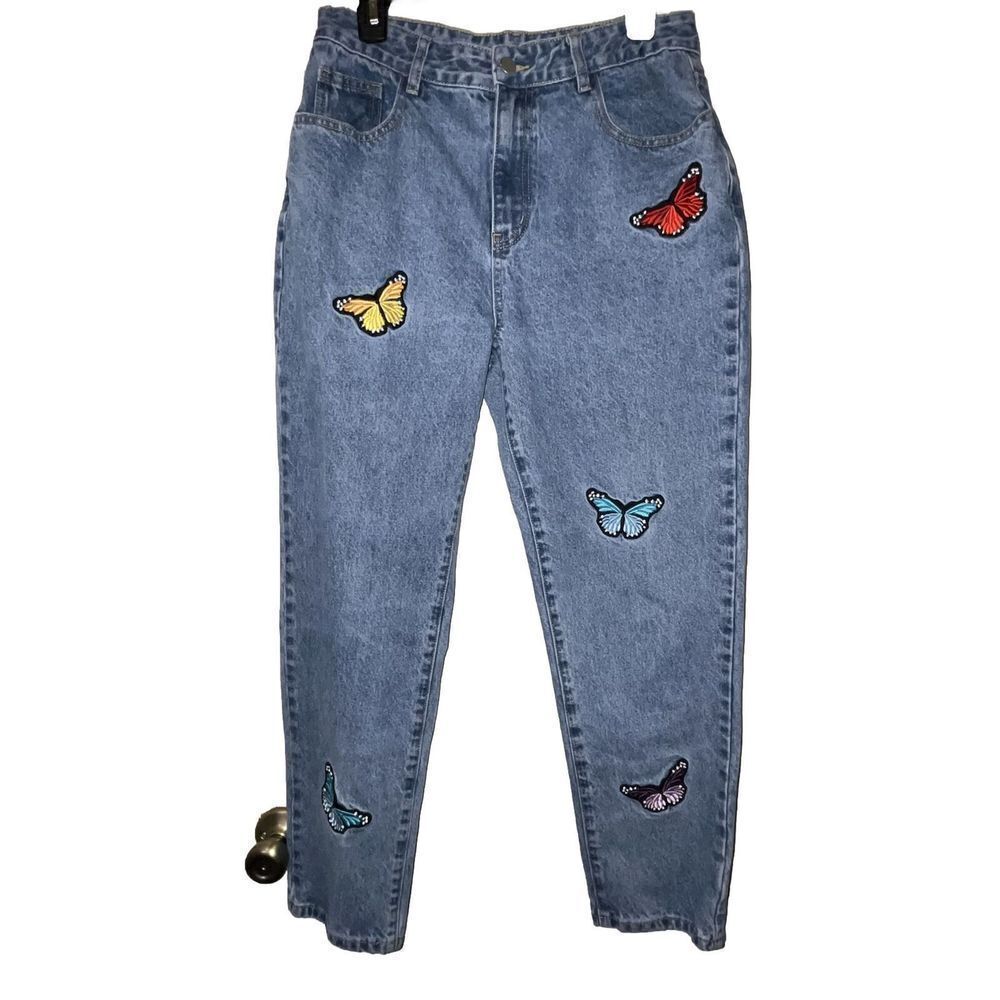 Shein Butterfly Patch‎ Mom Jeans High Rise Wmns Sz Large Boho GirlCore